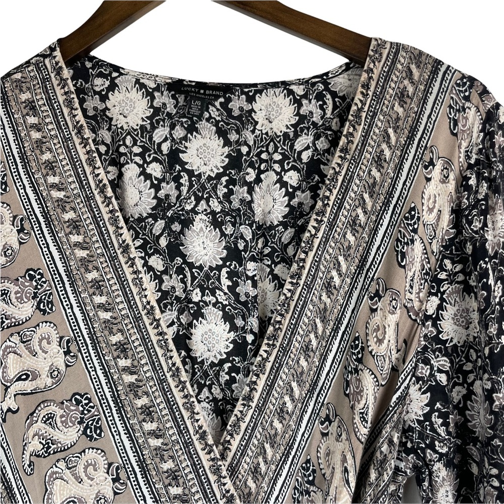 Lucky Brand Black & Beige Paisley Floral Border Print Wrap Dress Size Large - Picture 5 of 9